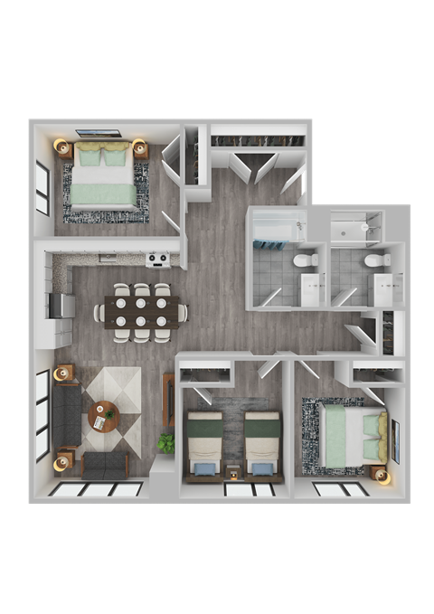 Floor plan for 3 beds, 2 baths, 1120 sqft